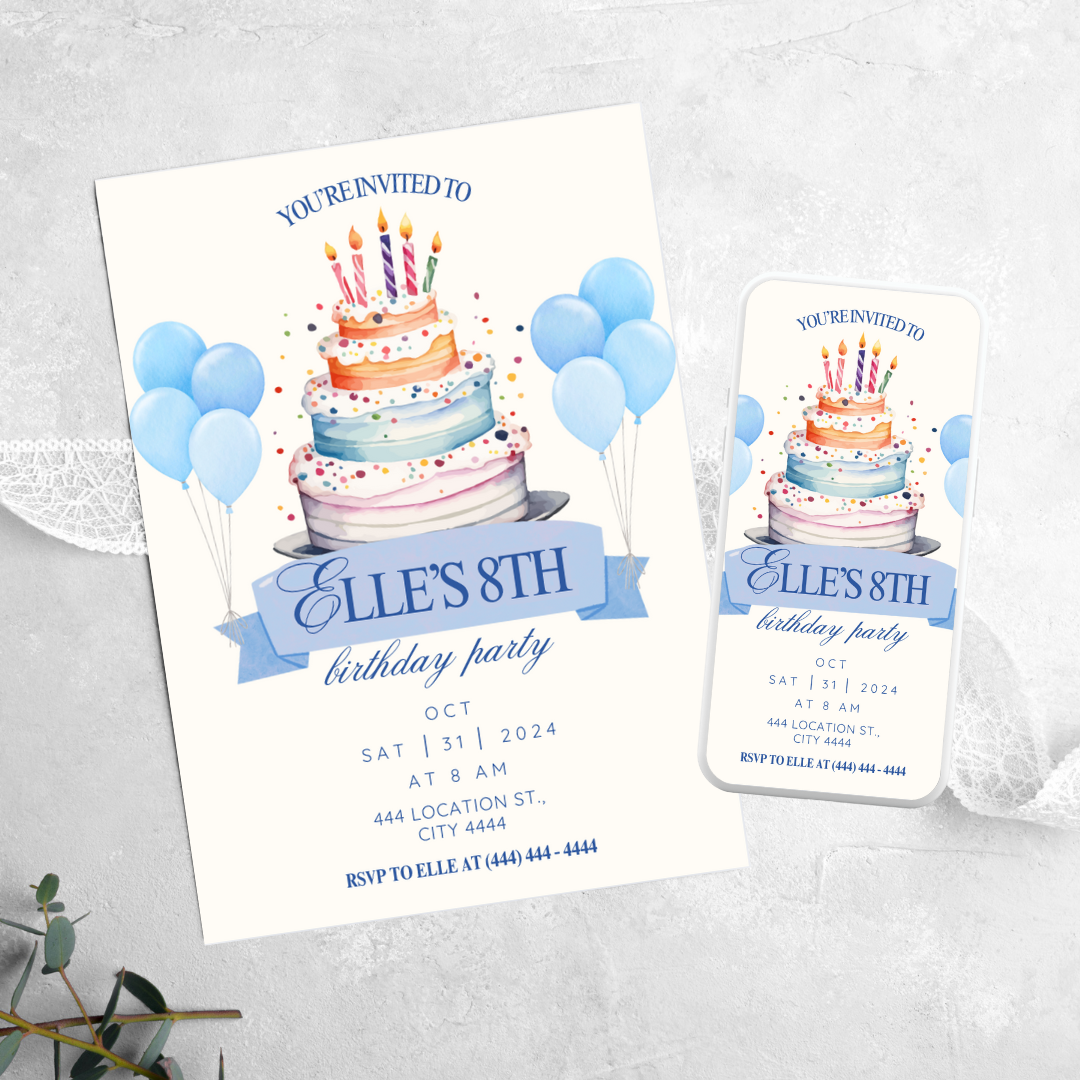 Blue Birthday Cake - Birthday Invitation