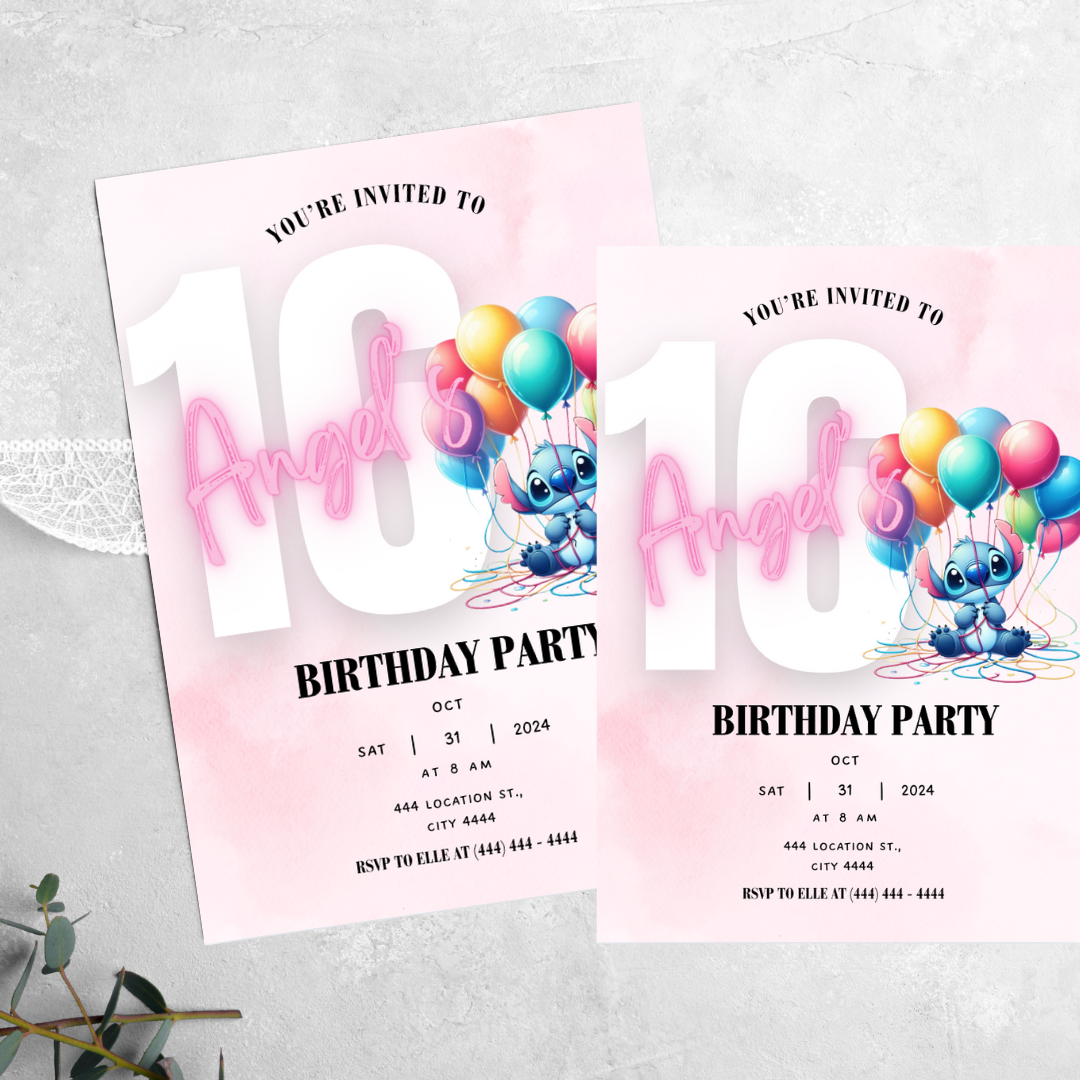 Stitch with Balloons - Birthday Invitation