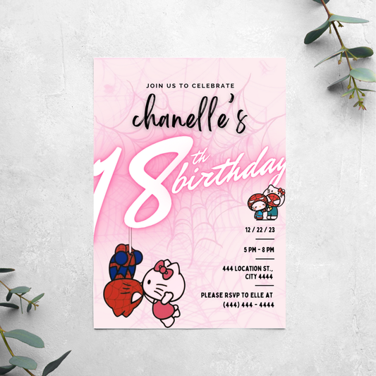 Hello Kitty & Spiderman - Birthday Invitation