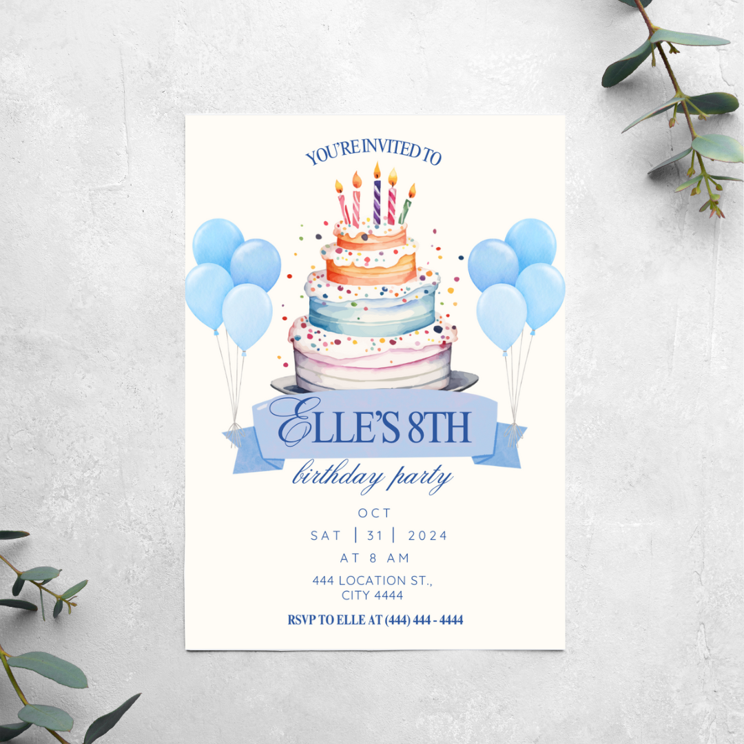 Blue Birthday Cake - Birthday Invitation