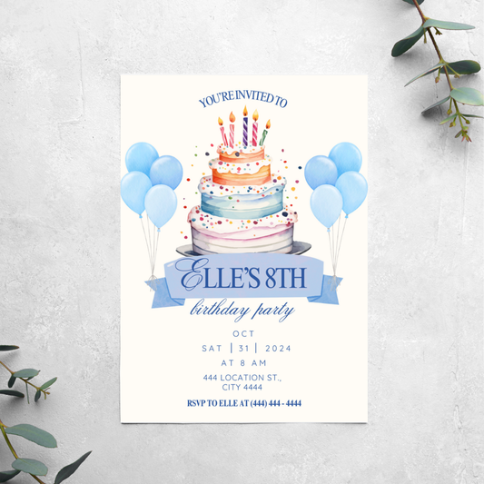 Blue Birthday Cake - Birthday Invitation