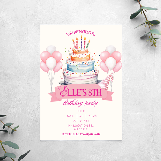 Pink Birthday Cake - Birthday Invitation