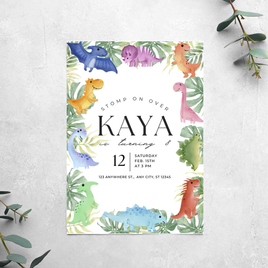 Dinosaur with Leaves - Birthday Invitation