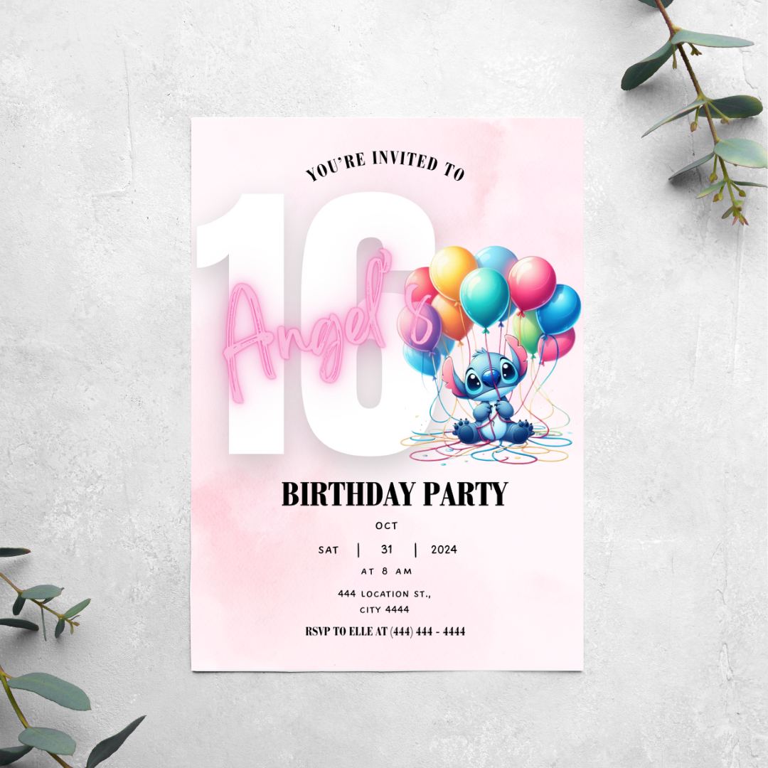 Stitch with Balloons - Birthday Invitation