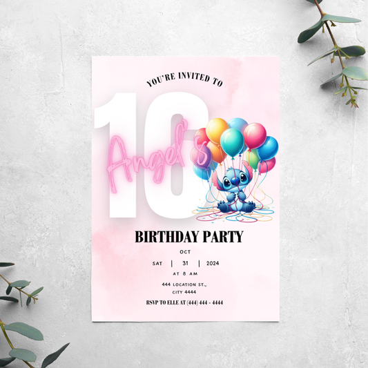 Stitch with Balloons - Birthday Invitation