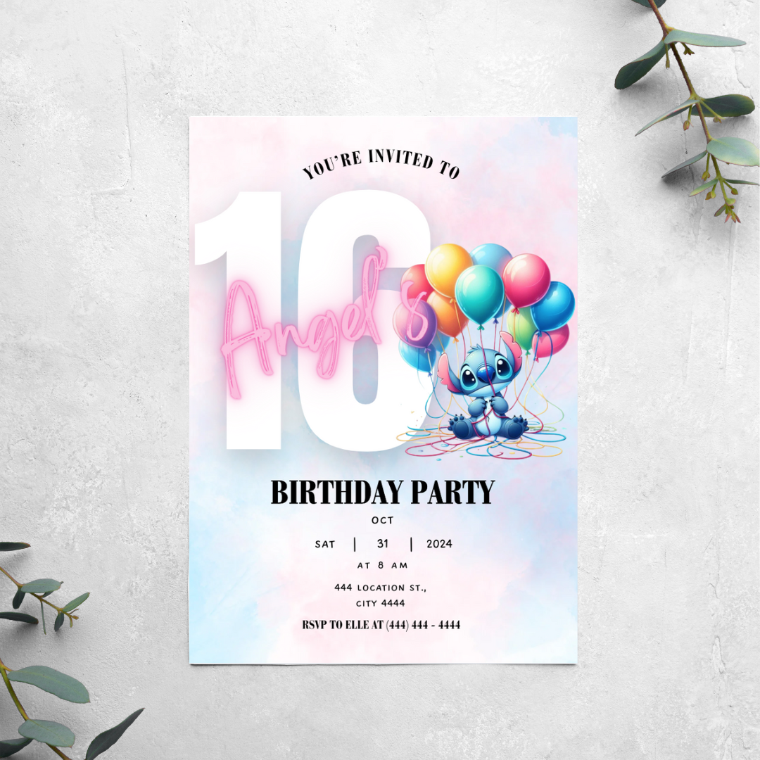 Stitch with Balloons - Birthday Invitation