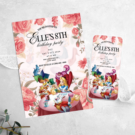 Alice in Wonderland Floral - Birthday Invitation