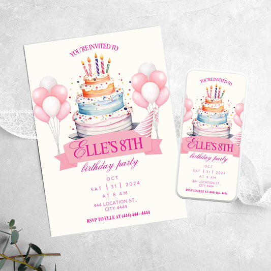Pink Birthday Cake - Birthday Invitation