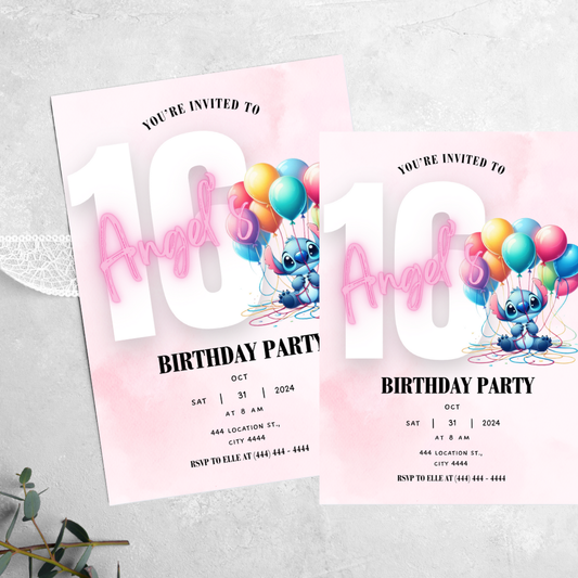 Stitch with Balloons - Birthday Invitation