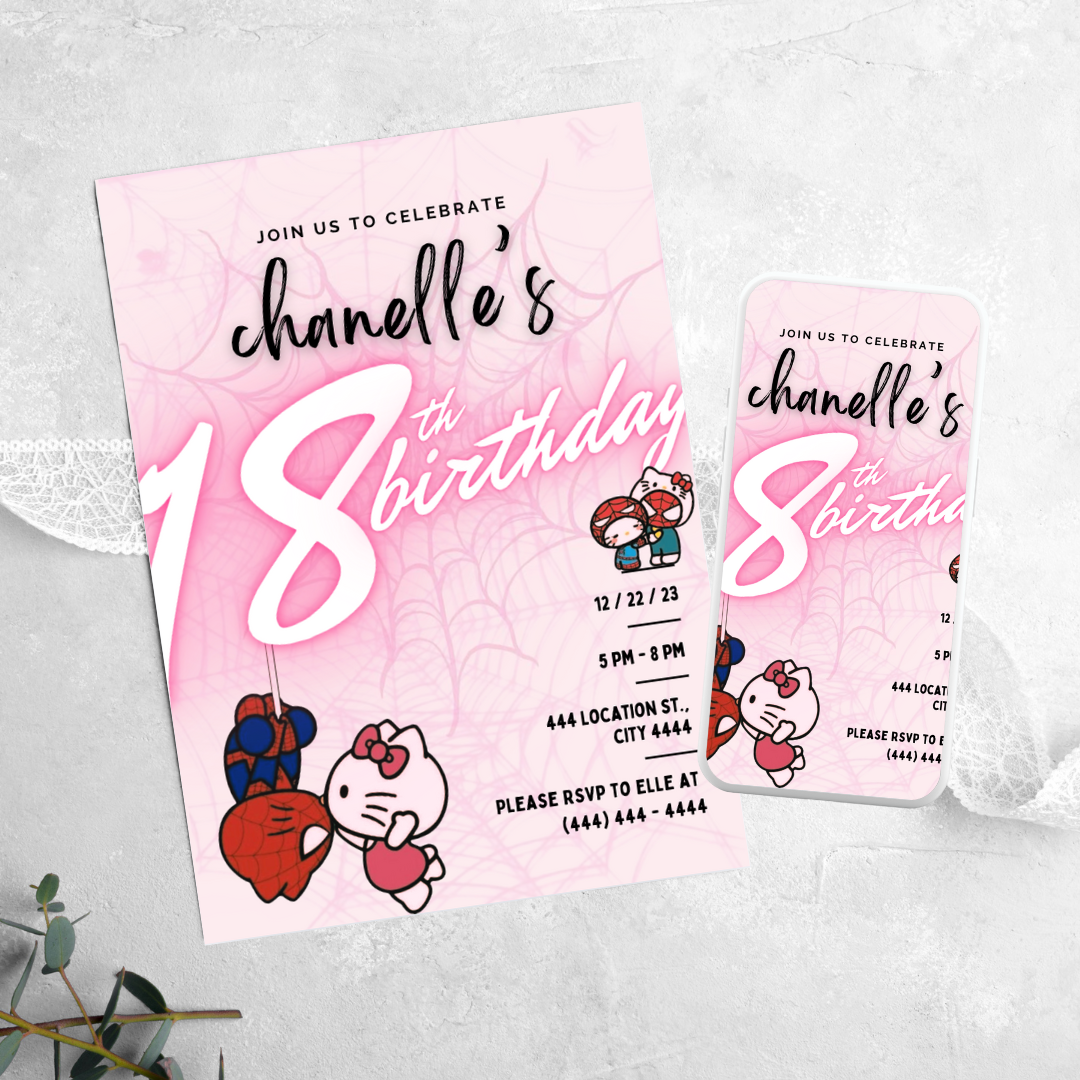 Hello Kitty & Spiderman - Birthday Invitation